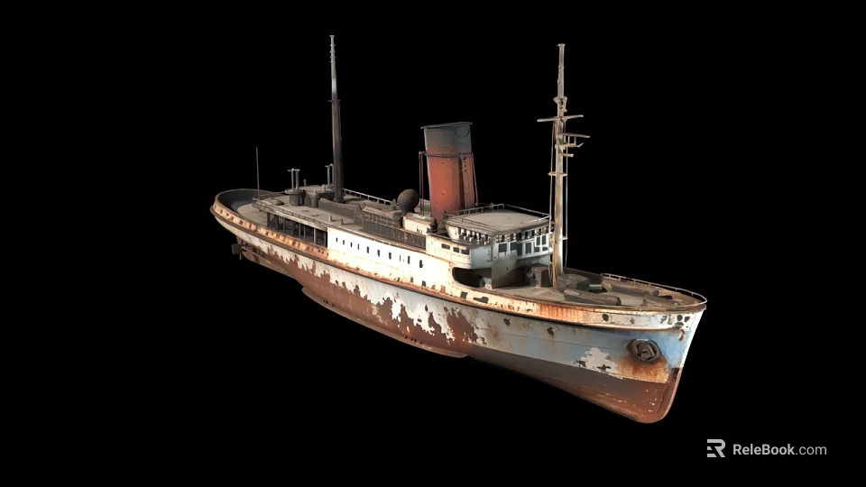 Vintage Rusty Ship With White Brown Hull Red Chimney And Masts 3d model 