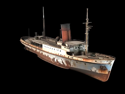 Vintage Rusty Ship With White Brown Hull Red Chimney And Masts 3d model