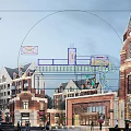 Modern Commercial Street With High Rise Buildings Pedestrian Walkways Green Spaces And Glass Facades