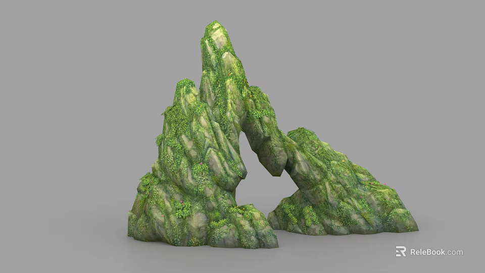 Garden Landscape With Natural Rock Formation Covered In Green Moss And Plants 3d model 
