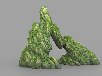 Garden Landscape With Natural Rock Formation Covered In Green Moss And Plants 3d model