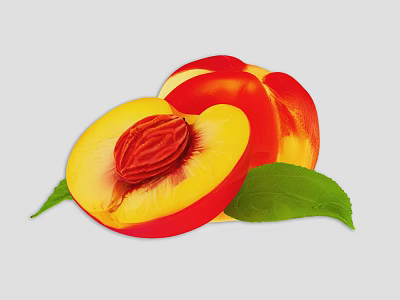 Fresh Ripe Nectarine with Sliced Half Showing Juicy Flesh and Pit plus Green Leaves 3d model