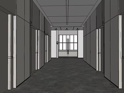 Modern Elevator Hallway Design With Side Doors And End Window Lighting 3d model