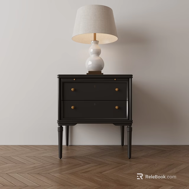 Black Wooden Nightstand With White Table Lamp On Light Wall And Wooden Floor 3d model 