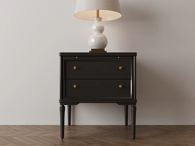 Black Wooden Nightstand With White Table Lamp On Light Wall And Wooden Floor 3d model