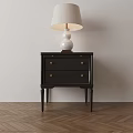 Black Wooden Nightstand With White Table Lamp On Light Wall And Wooden Floor