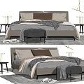 Modern Double Bed Interior With Gray Frame Soft Pillows Blanket Nightstands Stool And Table Lamps 3d model