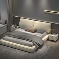 Modern Double Bed with Upholstered Headboard Gray Bedding Nightstand Strip Light and City Night View