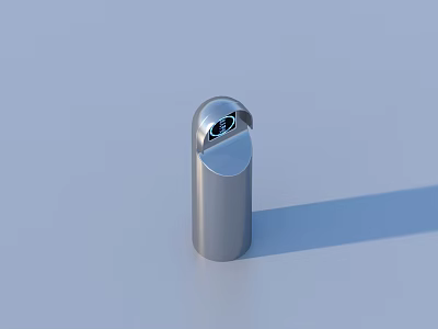 Silver Cylindrical Metal Trash Can With Push Open Lid And Smooth Surface 3d model
