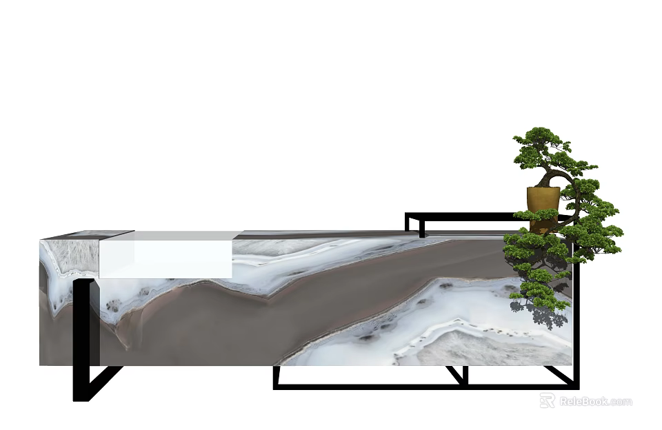 Elegant Reception Desk With Natural Stone Texture And Black Metal Frame And Bonsai Plant 3d model 