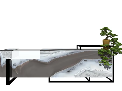 Elegant Reception Desk With Natural Stone Texture And Black Metal Frame And Bonsai Plant 3d model