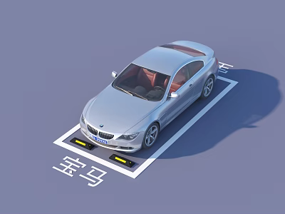 Silver BMW Car Parked in Marked Parking Space with Brand Name 3d model