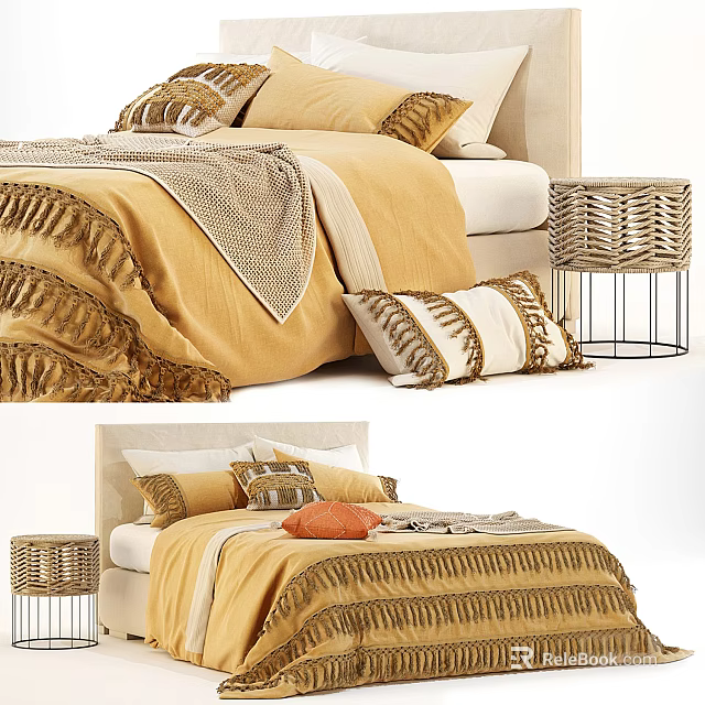 Double Bed with Yellow Bedding Soft Blanket Decorative Pillows and Woven Nightstand 3d model 