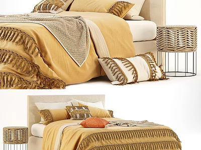 Double Bed with Yellow Bedding Soft Blanket Decorative Pillows and Woven Nightstand 3d model