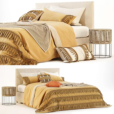 Double Bed with Yellow Bedding Soft Blanket Decorative Pillows and Woven Nightstand 3d model