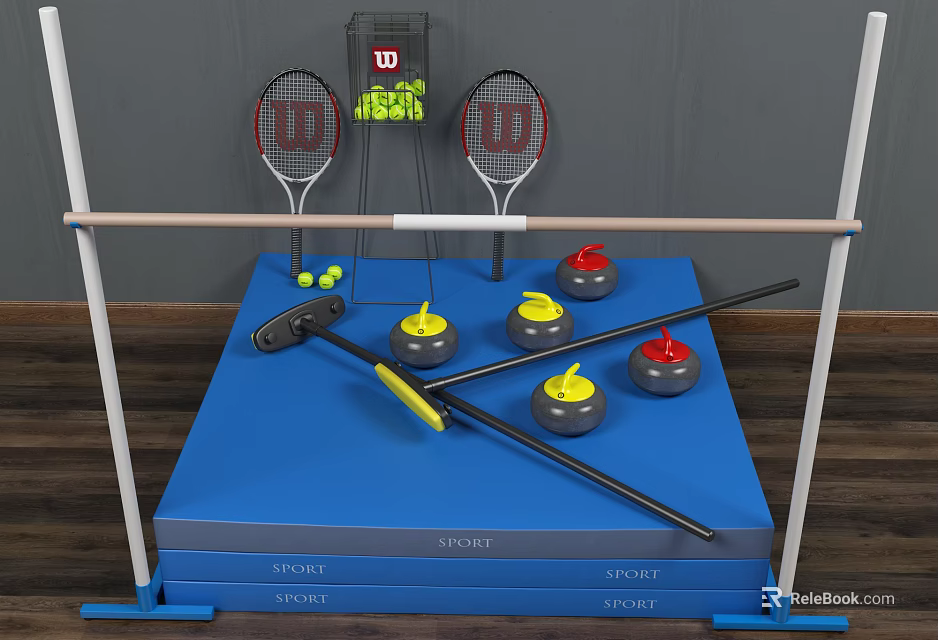 Sports Equipment Set Including Wilson Tennis Rackets Curling Stones Brushes On Blue Platform 3d model 