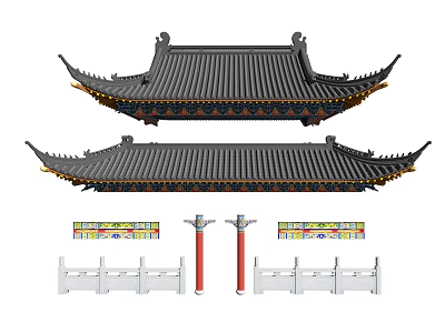 Traditional Chinese Architectural Components Including Curved Roof Ornamental Brackets Red Pillars And White Railings 3d model