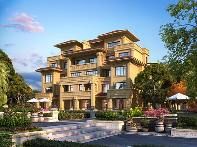Modern Multi Storey Semi Detached Villa Exterior With Lush Greenery And Garden Landscape 3d model