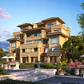 Modern Multi Storey Semi Detached Villa Exterior With Lush Greenery And Garden Landscape
