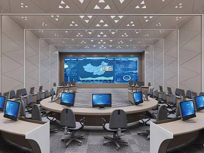 Modern Control Room Interior With Large Display Screen Multiple Monitors And Control Console Setup 3d model