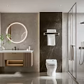 Luxury Modern Bathroom Interior Design With Round Backlit Mirror Marble Wall Vanity And Glass Shower