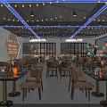 Modern Restaurant Interior Design With Round Tables Bar Counter Neon Lights And Wine Racks