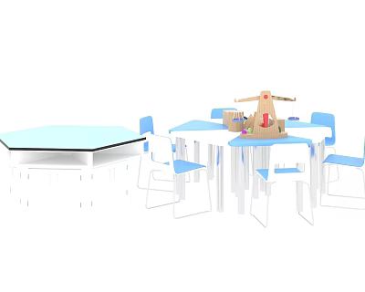 Kids Table and Chair Set with Blue Chairs White Table and Wooden Toy 3d model