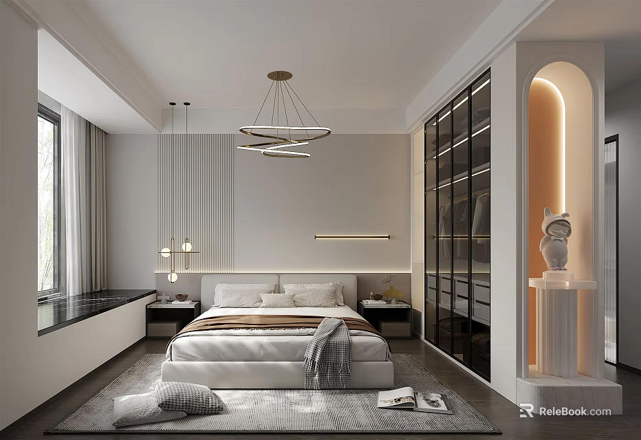 Modern Bedroom Interior With Bed Nightstands Chandelier Window Curtains Rug And Glass Door Cabinets 3d model 