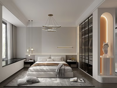 Modern Bedroom Interior With Bed Nightstands Chandelier Window Curtains Rug And Glass Door Cabinets 3d model