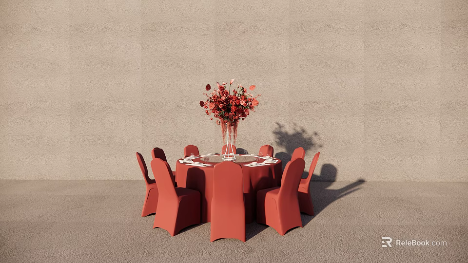 Modern Round Dining Table With Red Chairs And Central Red Flower Arrangement In Vase 3d model 