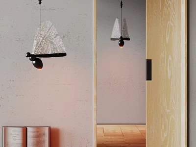 Minimalist Pendant Light With Woven Shade Reflected In Mirror On Light Gray Wall Near Open Book 3d model