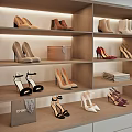 Various Stylish Shoes Displayed On Wooden Shelves With High Heels Ankle Boots And Sandals
