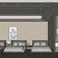 Hotel Guest Room Interior With Three Beds White Sheets Decorative Painting And Wooden Flooring