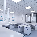 Modern Laboratory Interior Design With Workbench Chairs Overhead Lighting White Walls And Cabinets 3d model