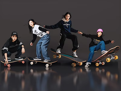Young Women Skateboarders Riding Together with One in Pink Hat and Casual Clothes 3d model