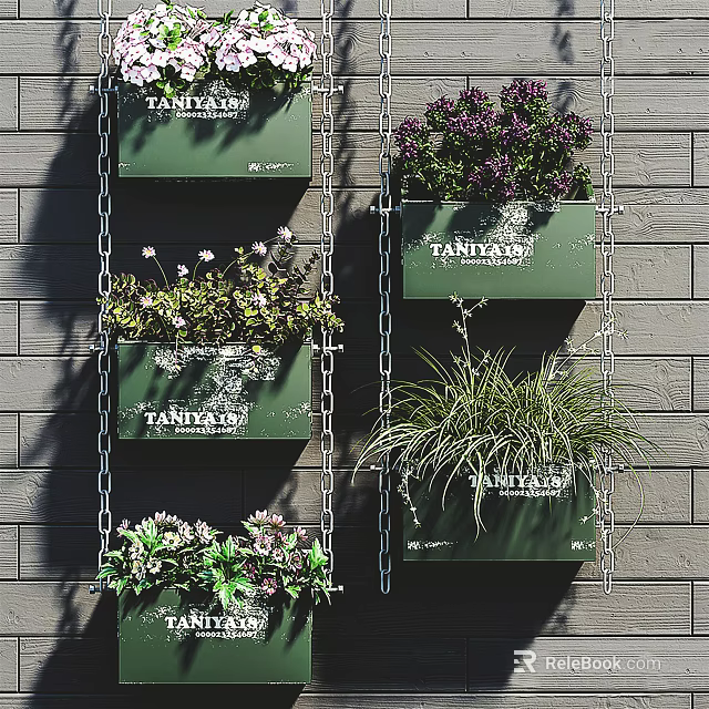 Hanging Basket Plants with Various Greenery Mounted on Gray Brick Wall 3d model