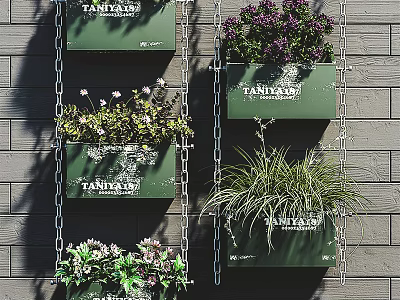 Hanging Basket Plants with Various Greenery Mounted on Gray Brick Wall 3d model
