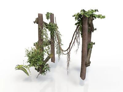 Modern Natural Wooden Posts Structure Featuring Climbing Vines And Green Leaves 3d model