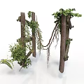 Modern Natural Wooden Posts Structure Featuring Climbing Vines And Green Leaves
