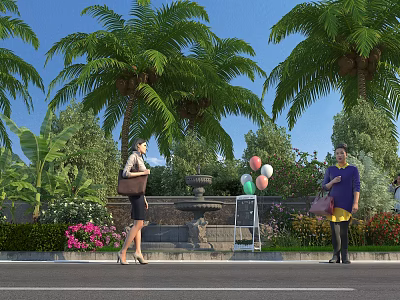 Scenic Tropical Garden Landscape With Palm Trees Fountain Flowers Balloons And Walking People 3d model