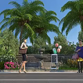 Scenic Tropical Garden Landscape With Palm Trees Fountain Flowers Balloons And Walking People