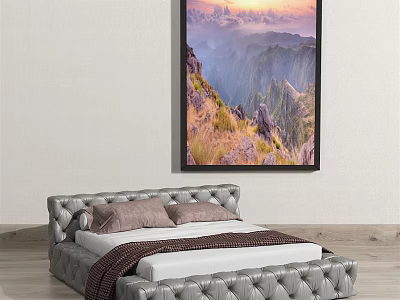 Modern Double Bed With Tufted Headboard Pillows Blanket And Wall Landscape Art 3d model