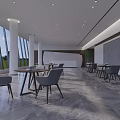 Modern Casual Lounge Area With Large Windows White Pillars Grass Field View And Gray Chairs