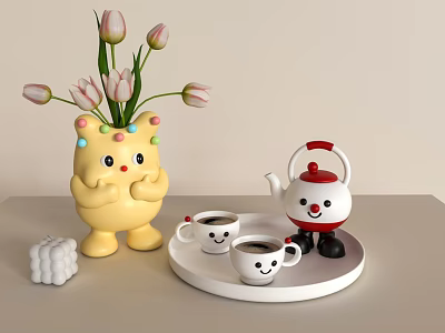 Decorative Ornament Set With Yellow Cartoon Vase Pink Tulips Smiley Teapot Cups And White Tray 3d model