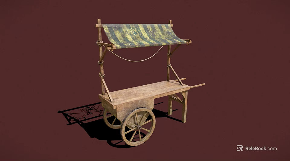Simple Wooden Mobile Cart with Green Canopy and Spoked Wheels Structure 3d model 