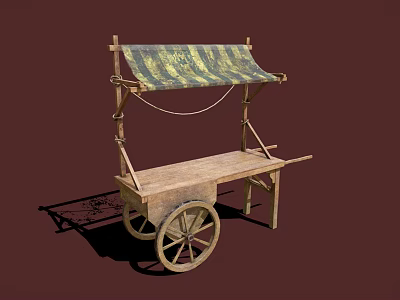 Simple Wooden Mobile Cart with Green Canopy and Spoked Wheels Structure 3d model