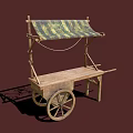Simple Wooden Mobile Cart with Green Canopy and Spoked Wheels Structure