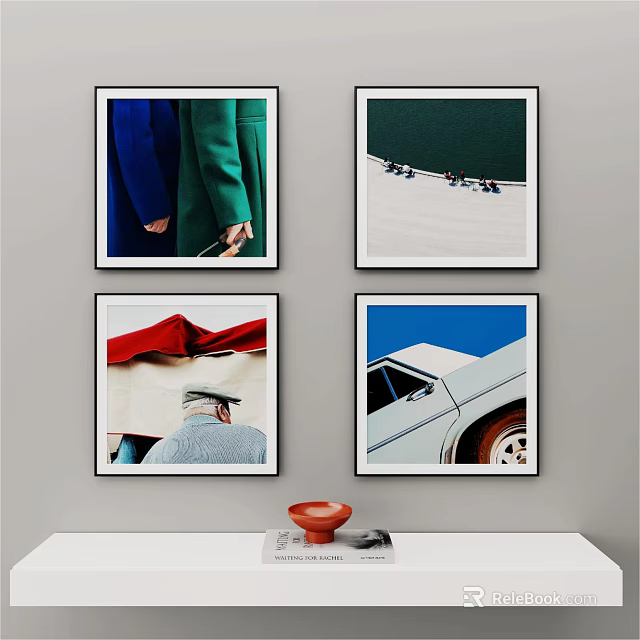 Stylish Photo Wall Display With Four Art Prints Of Diverse Themes And Black Frames 3d model 