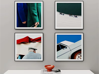 Stylish Photo Wall Display With Four Art Prints Of Diverse Themes And Black Frames 3d model