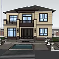 Two Story Detached Villa With Brown Roof Beige Exterior Front Swimming Pool And Surrounding Greenery